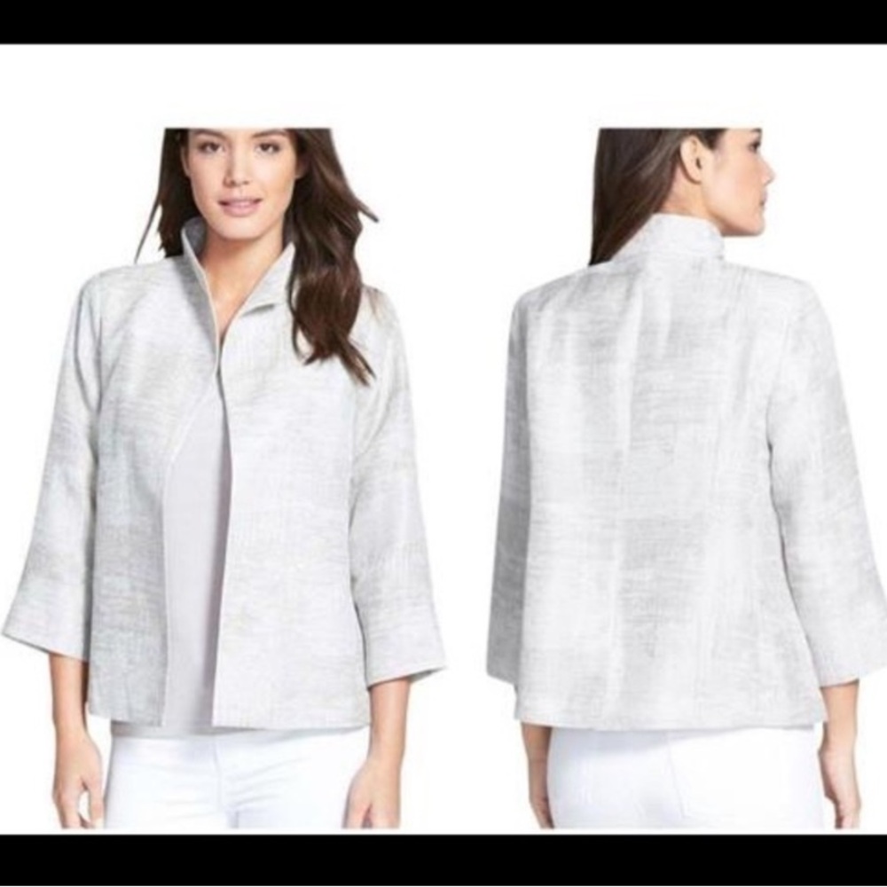 Eileen Fisher Silver Metallic Funnel Neck Jacket Jaquard